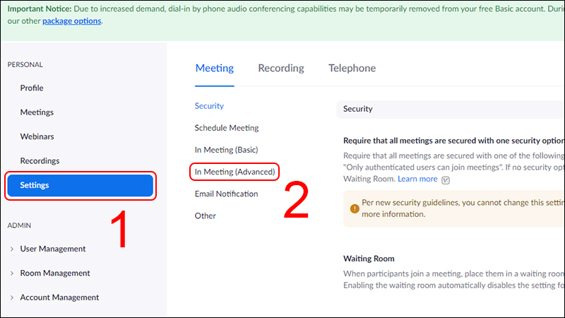 Chọn tab Settings > Chọn In meeting (Advance)